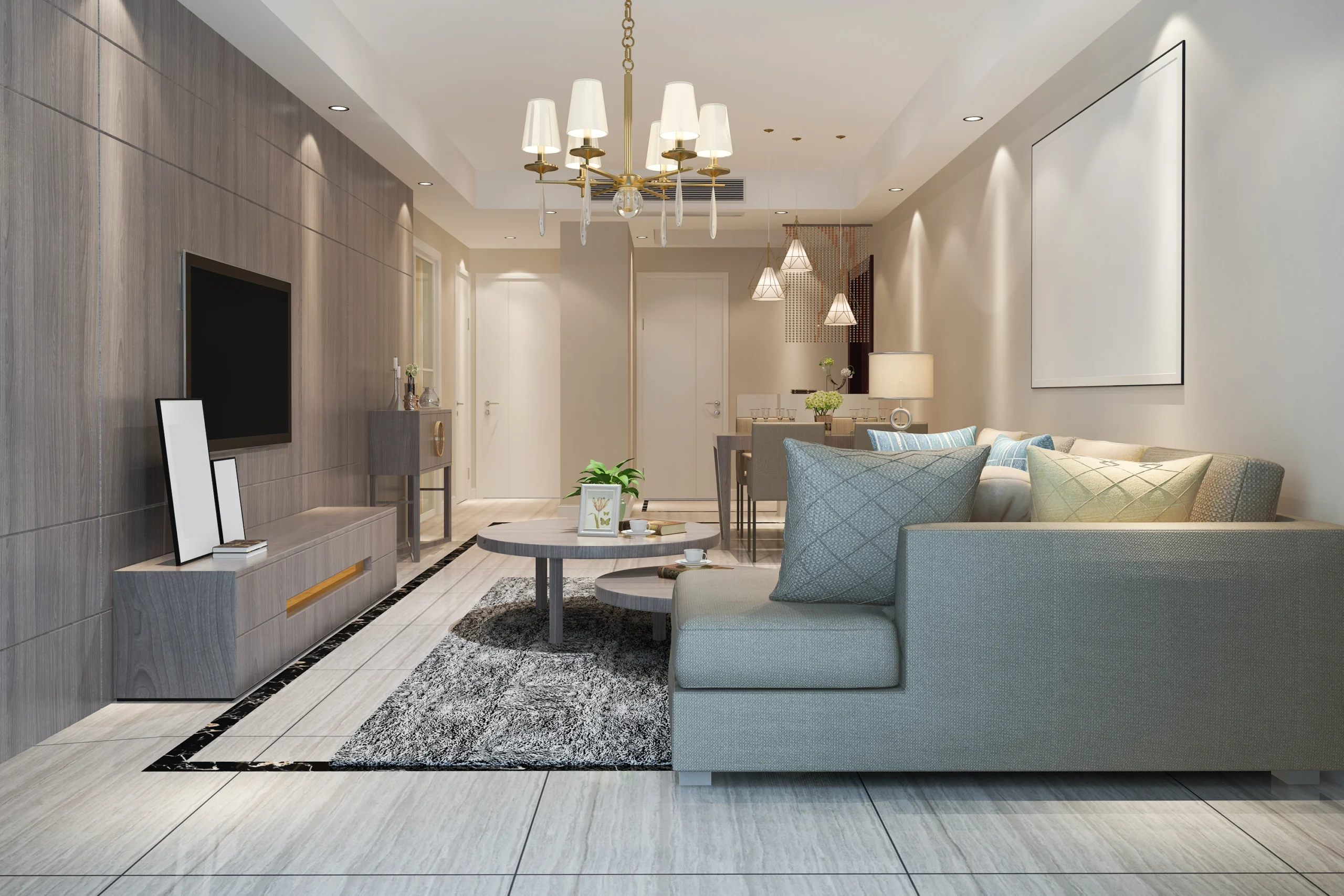 Modern luxury living room interior with a grey sofa, chandelier, TV wall, and dining area