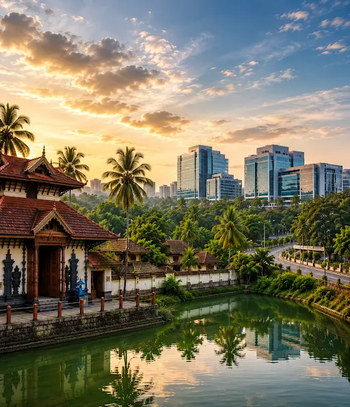 A serene Kerala-style temple with traditional pitched tiled roofs beside a calm temple pond, set against a backdrop of lush palm trees and modern corporate glass buildings at sunset.