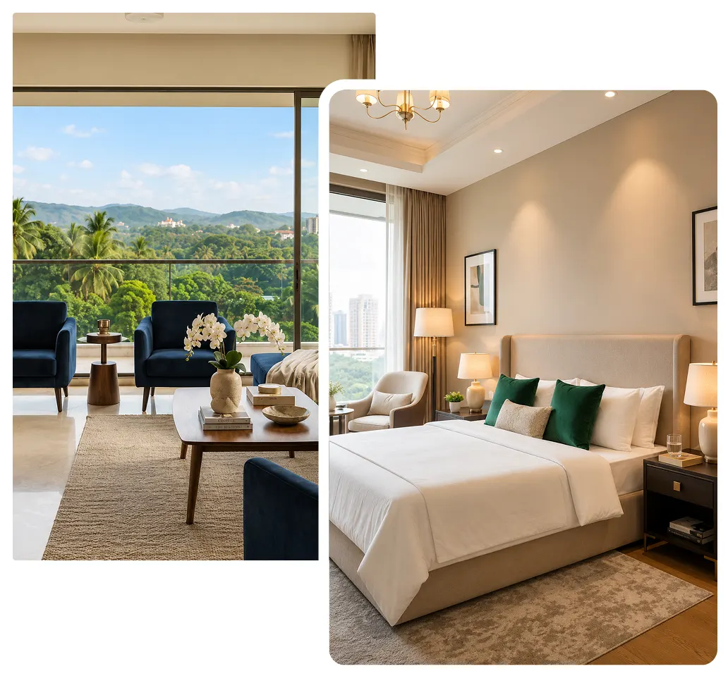 Two overlapping photos show a modern living room with a balcony view of green hills, and a cozy bedroom with a large bed, soft lighting, and neutral decor.